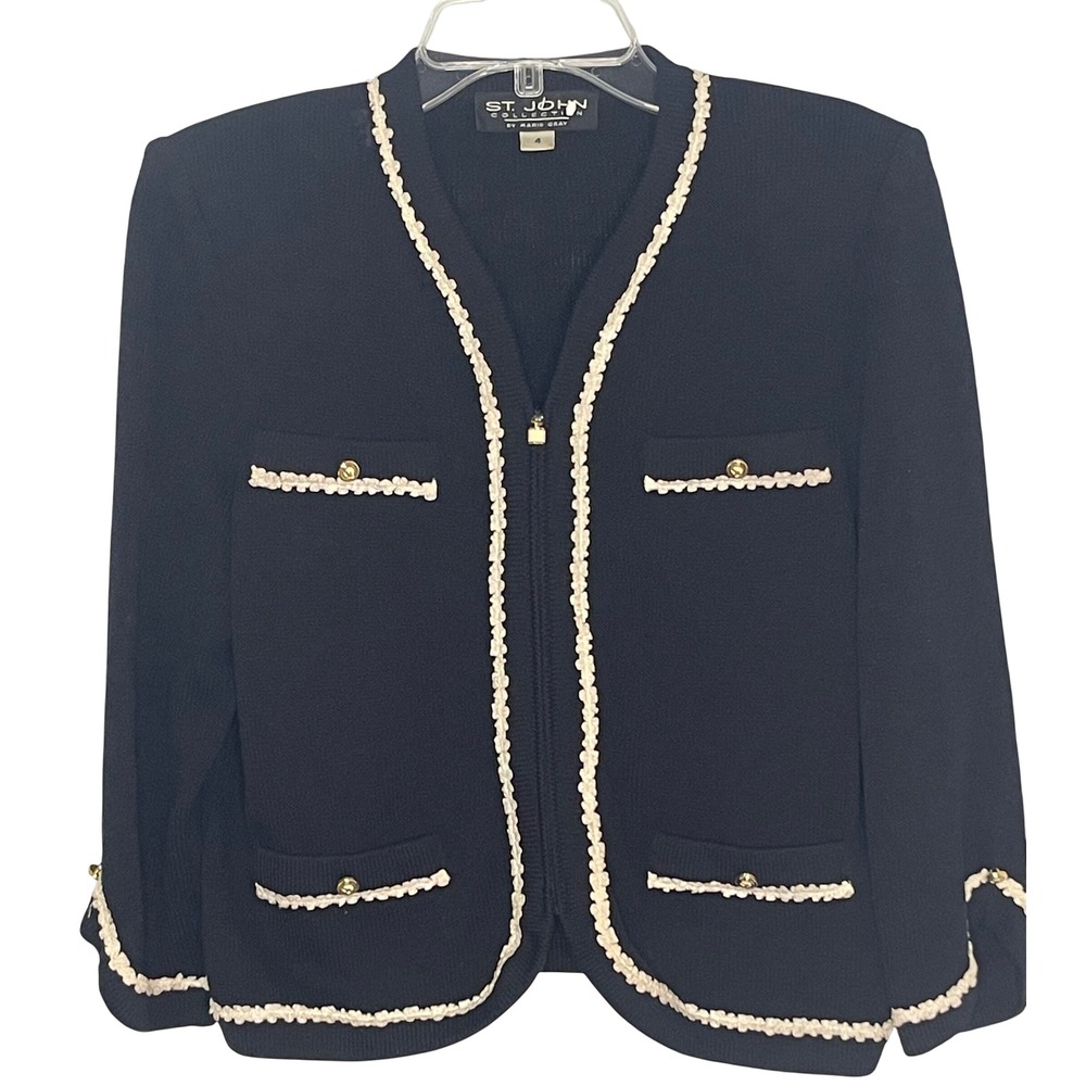 St. John Collection Marie Gray Size 4 Black Knit Zip Front Jacket Cream Trim